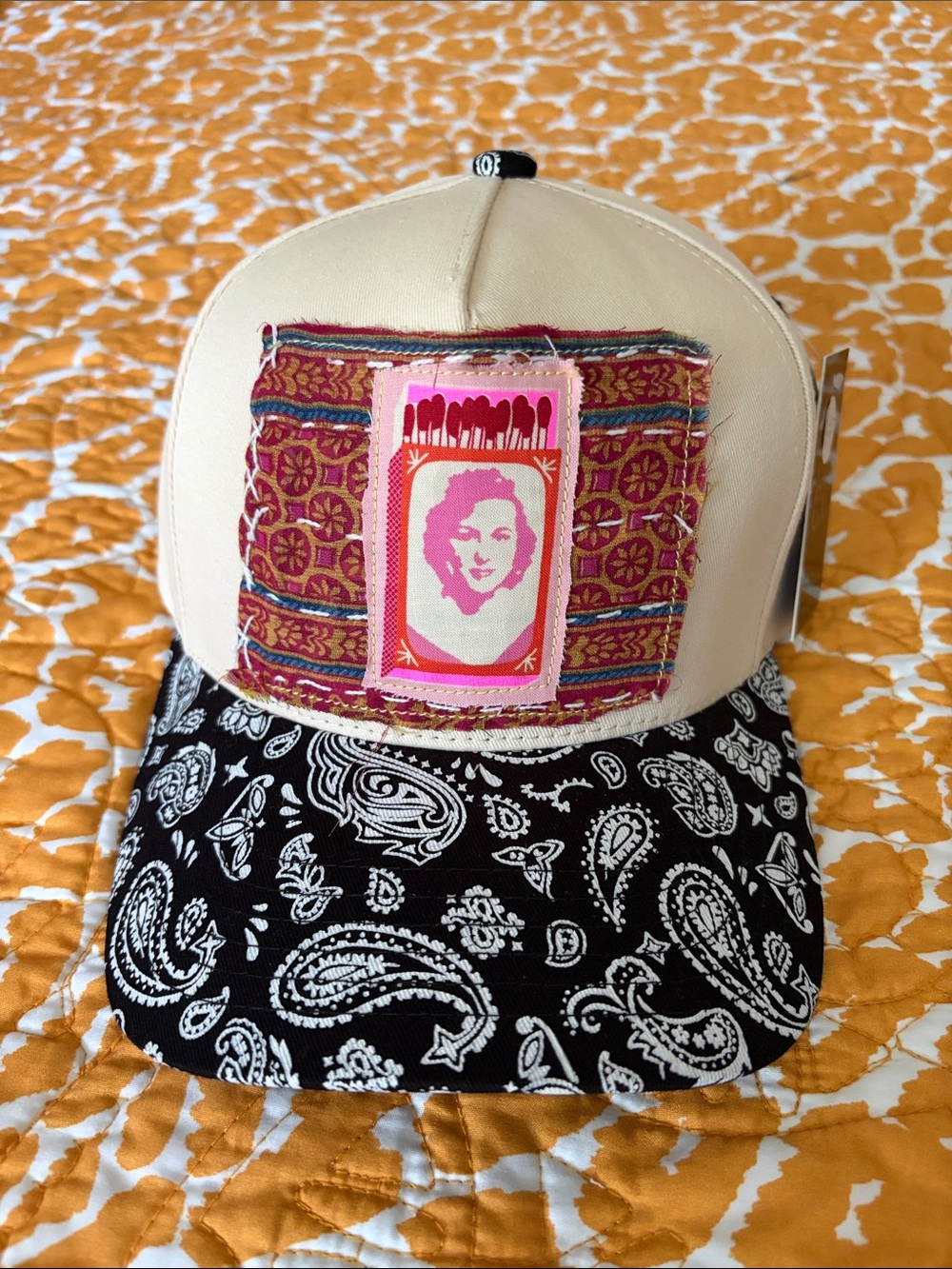 C.C Beige Patchwork Snapback Hat with Black Paisley Brim and Pink Accent